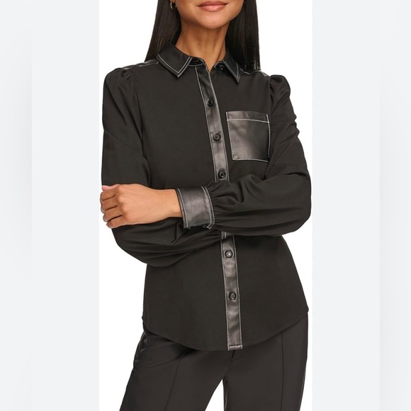 Karl Lagerfeld button up shirt with pleather collar and cuffs. Medium - Picture 6 of 12